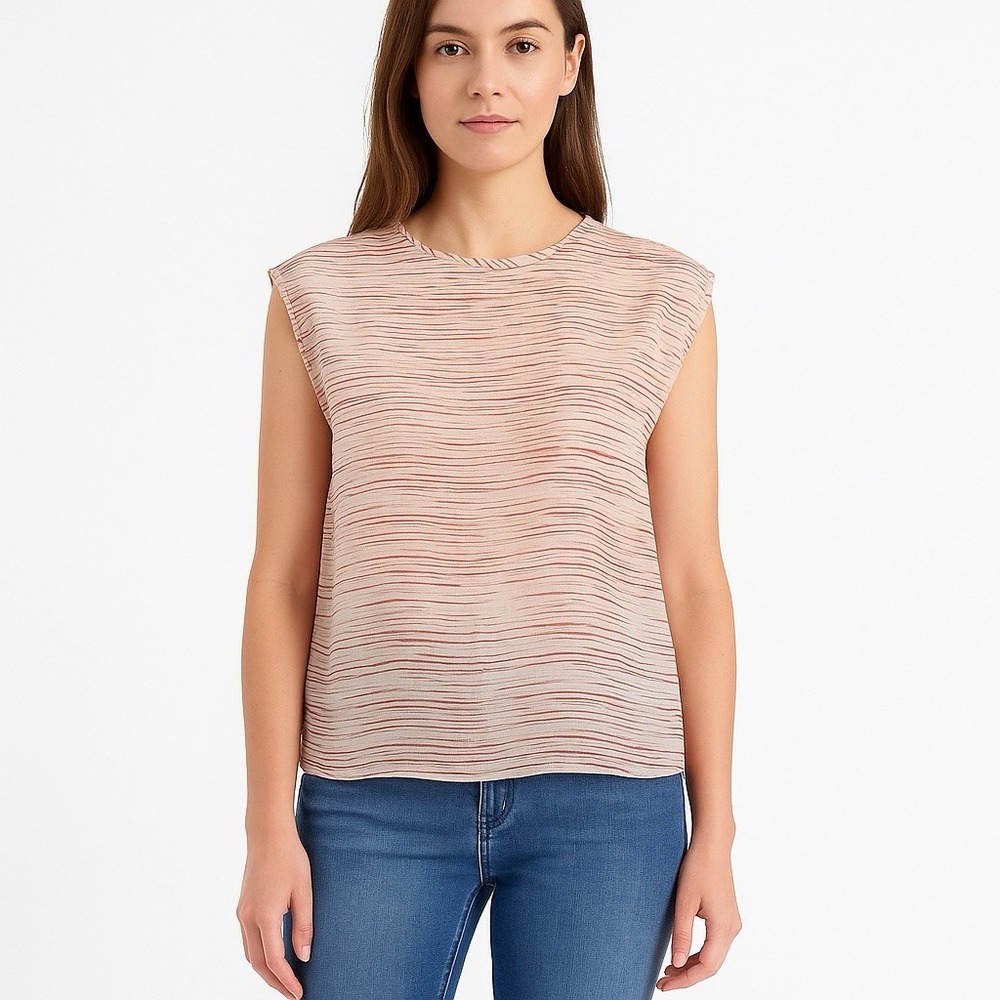 WynneLayers Striped Sleeveless Blouse Women L Pink Tan Boxy Relaxed Minimalist